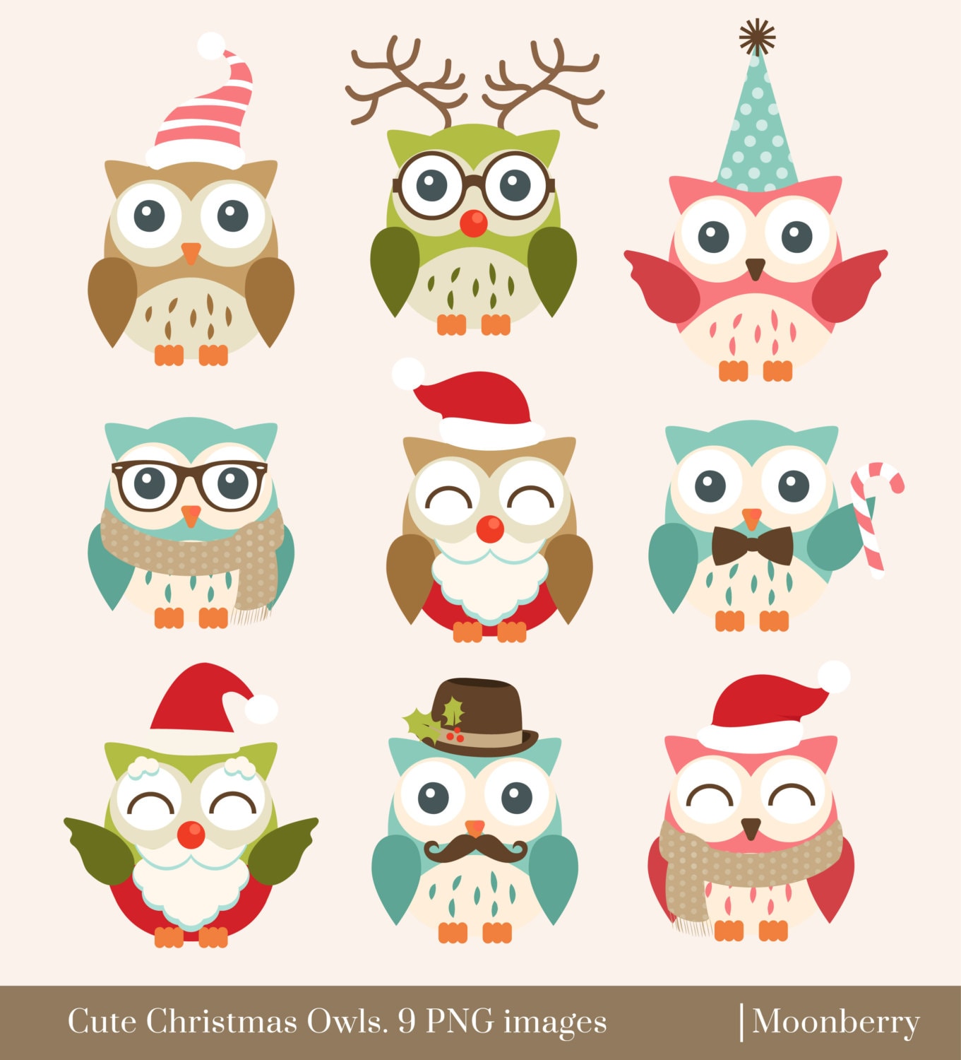 Cute Christmas Owls Clip Art. Owl Clipart. by ...