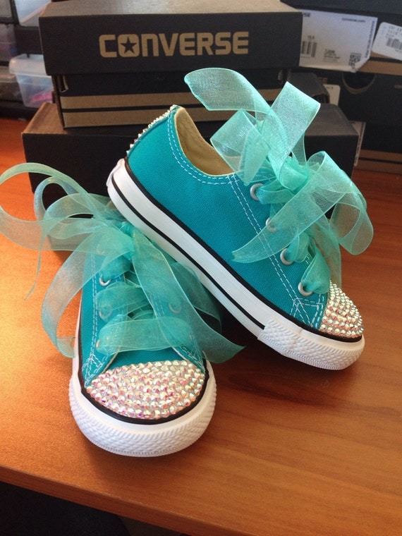 Items similar to Teal bling Converse with matching ribbon laces on Etsy