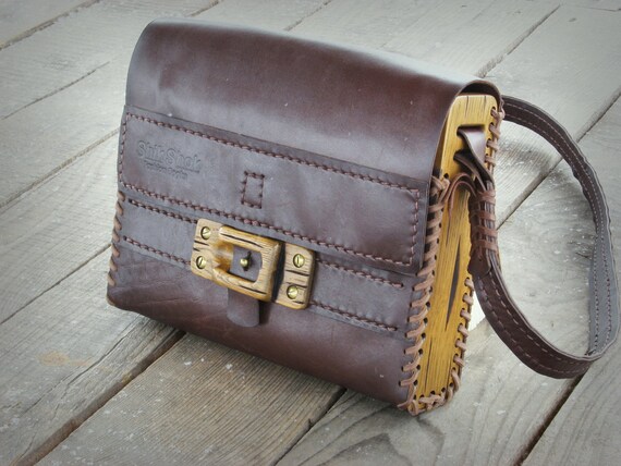 Hand sewn unique handmade leather wood shoulder bag by ShikShok