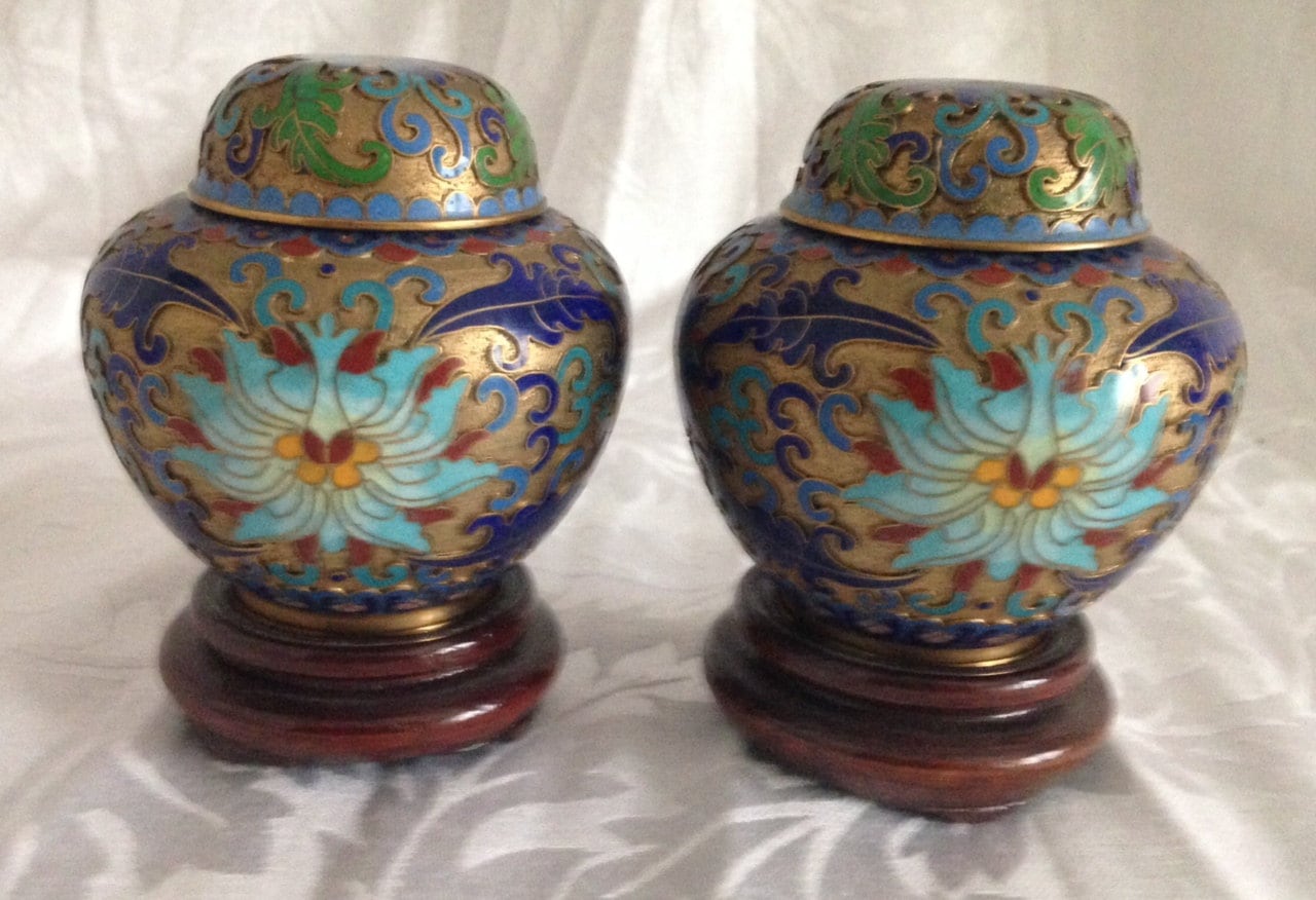 Pair Of Chinese Vintage Cloisonne Ginger Jars Decorative