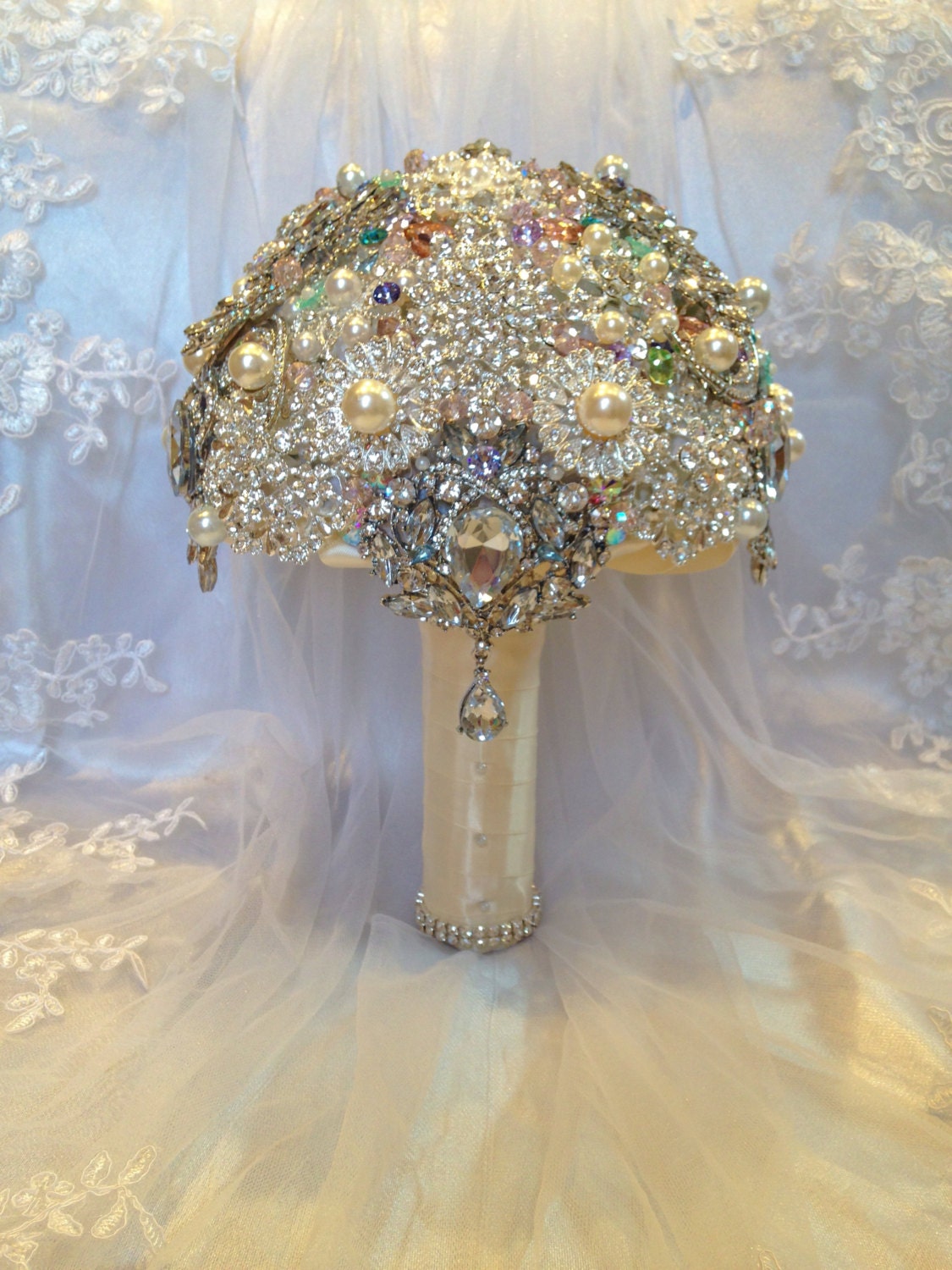 Vintage style crystal pearl custom brooch bouquet. Reserved for Louise.