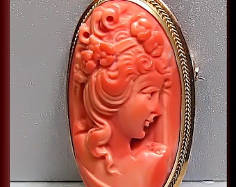 Antique Vintage 14K Yellow Gold Coral Cameo Brooch Pin - P 320M