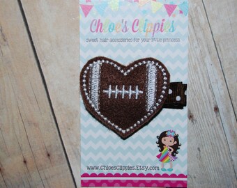 Football Hair Clippie - Felt Football Heart Clip - Football Hair Bow - Sports Hair Bow - Sports Hair Clip - Heart Football Clip