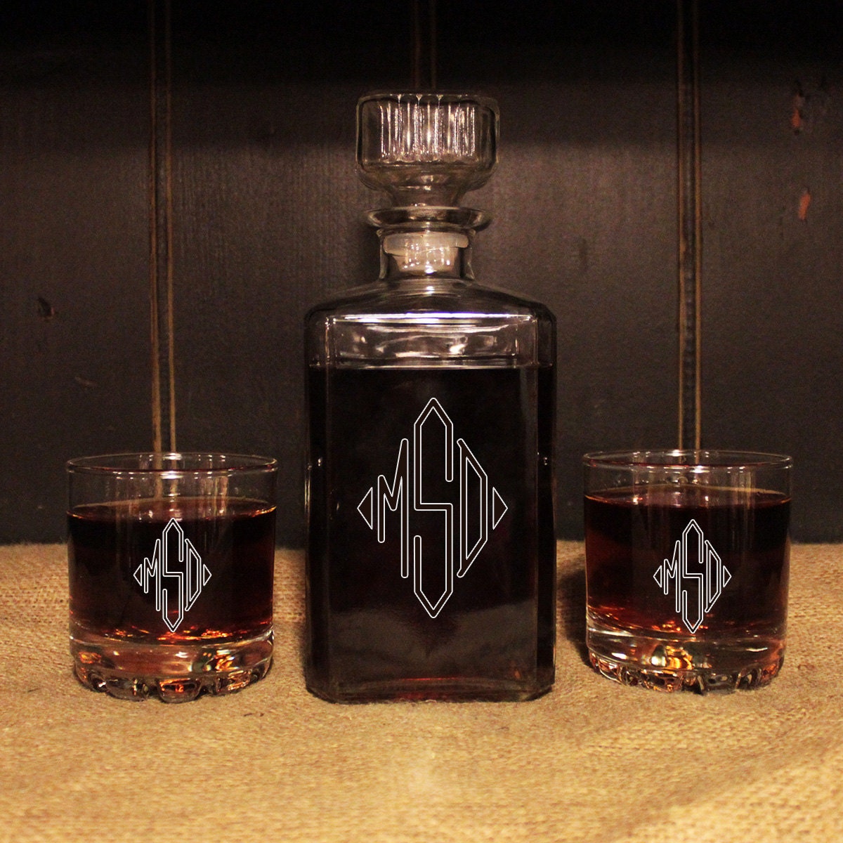 MONOGRAMMED Glass Whiskey Decanter set Barware Personalized