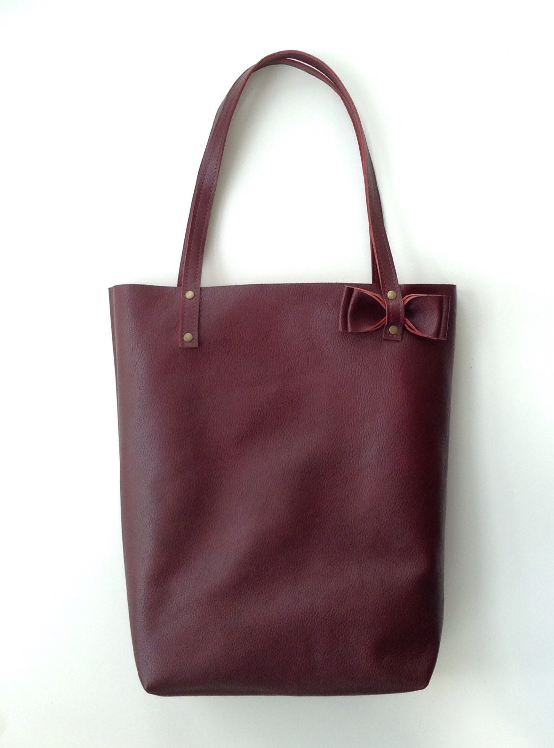 Burgundy Red leather tote bag // Simple market tote bag with