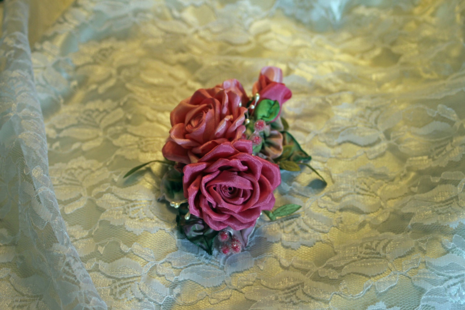 Ribbonwork Applique Bridal Hair Accessory Floral Pin Corsage
