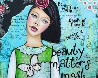 Mixed media painting of women with inspiring words by LadyArtTalk