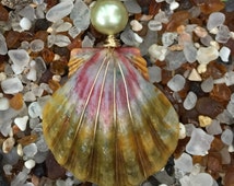 Vibrant Moonrise Shell wrapped in 14K gold with green freshwater pearl ...