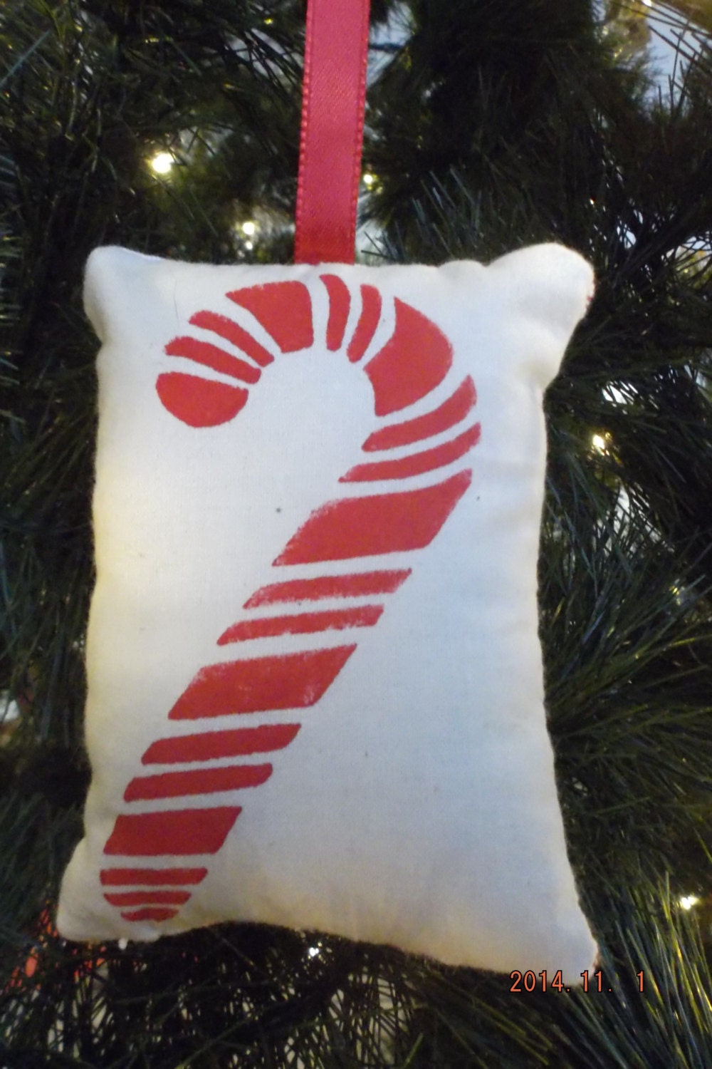 Primitive Red Candy Cane Stenciled Pillow Christmas Tree Ornament FREE SHIPPING!