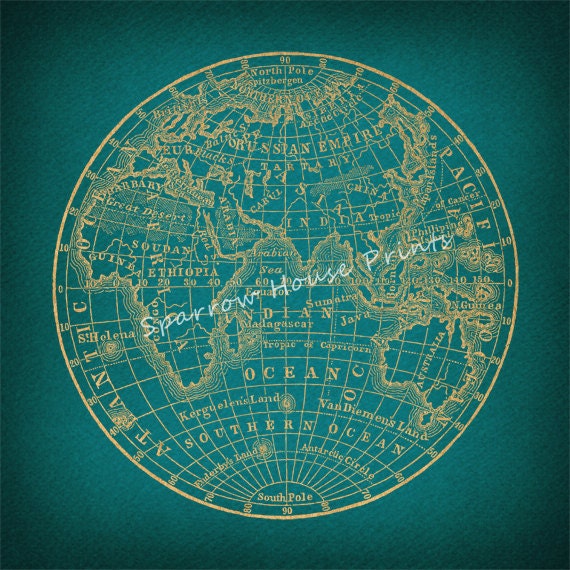 Vintage Earth Globe Map Art Eastern Hemisphere Antique Artwork in