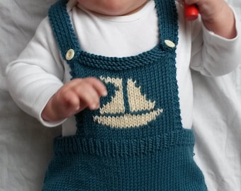 Baby onesie, Baby romper, knitted baby clothes, photo prop in teal Green Merino wool with cream sailboat motif - made to order, 6-12 months