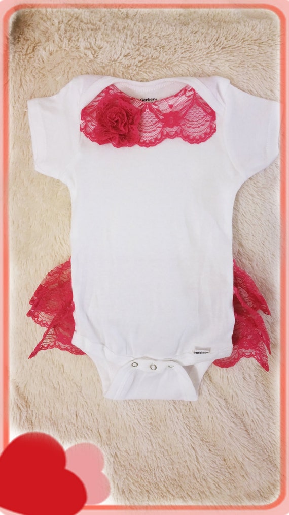 Baby onesie for girls decorated with pink lace. by Bobosh on Etsy
