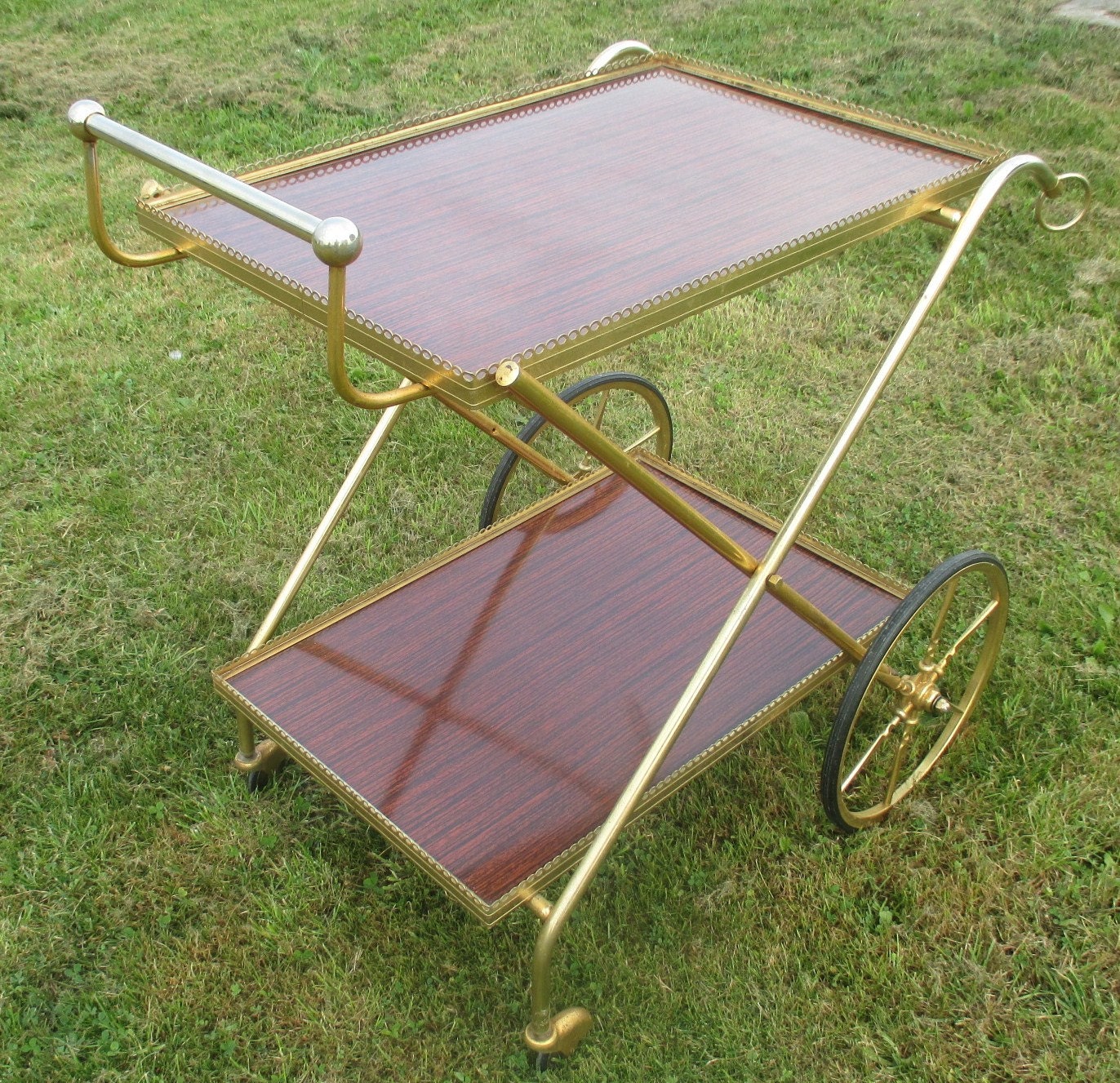 Vintage Bar Cart French signed Hollywood Regency Gild Brass Wood