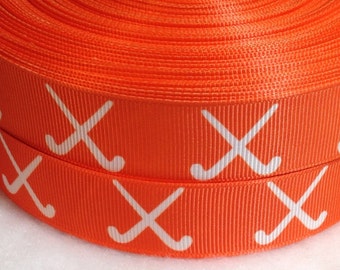 4 Yards of Field Hockey in Orange with White Sticks 7/8" Grosgrain