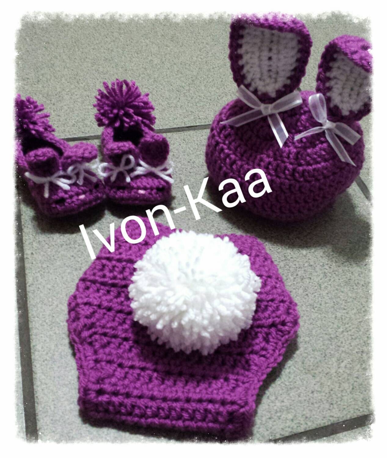 Crochet Bunny Hat Diaper Cover Set With Ribbon Bow. Baby