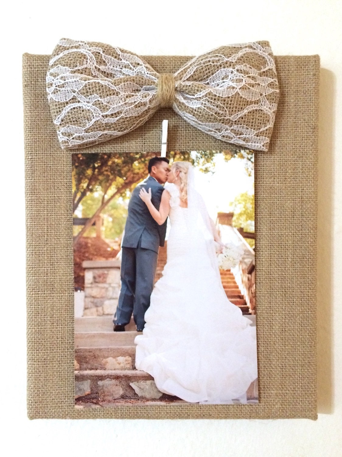 Burlap Picture Holder Bulletin Board with White Lace Bow 8x10