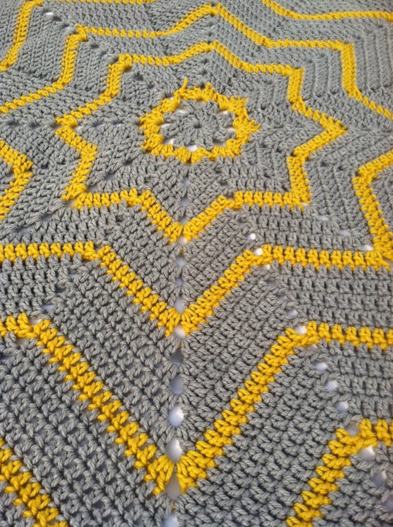 Crochet Afghan Blanket, Yellow Afghan Blanket, Hand Crochet Afghan, Crochet Star Blanket, Crochet Star Afghan, Yellow and Gray Blanket