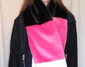 Long Multi Coloured Faux Fur Scarf in Fuscia Pink, Ivory and Black