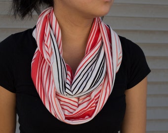 Coral, peach, white, and black thin striped infinity scarf (cowl)
