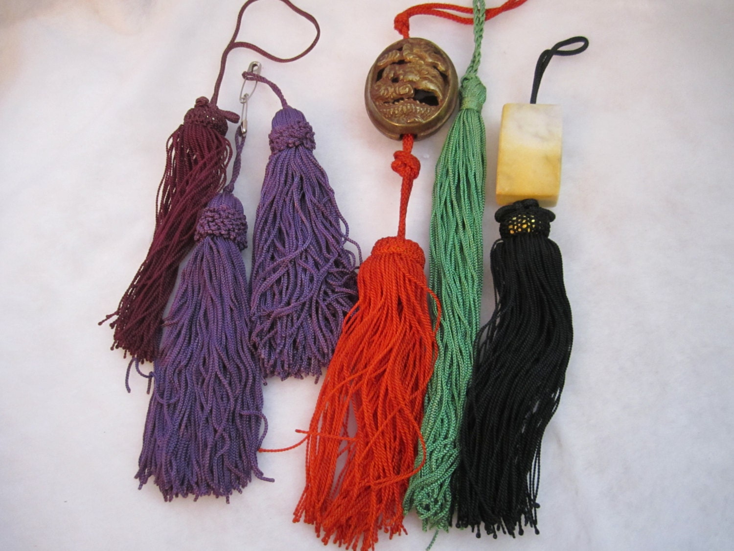 Asian Inspired Decorative Tassels Chinese Brass Dragon Bead and White