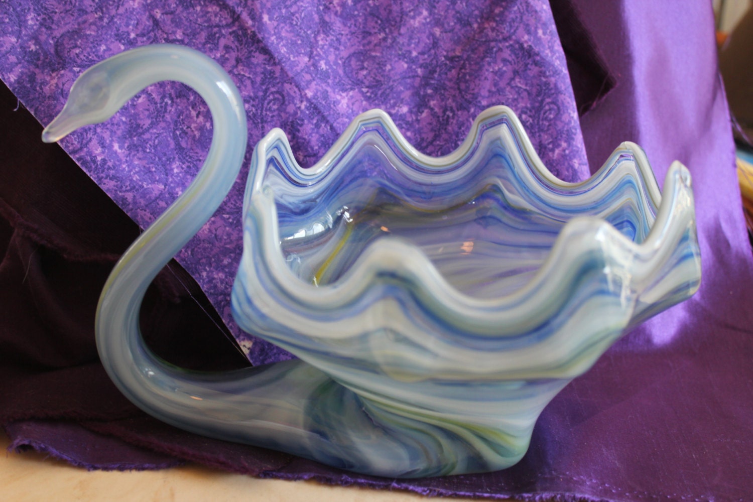 Exquisite Vintage Murano Blue and Whire Swirl Glass Swan Bowl