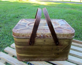 A Faux Wood, Metal Picnic Basket With Yellow Interior - Bent Wood Handle - Picnic - Ready to Go - Stack Up and Store