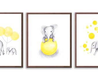 Elephant Nursery Decor, Baby Nursery Art, Set Of Three Elephant Prints, Yellow and Gray Nursery, Elephant Art Prints - S025