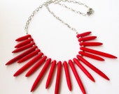 Red Spikes Necklace, Red Turquoise Beaded Necklace, Tribal Native Etnic Chunky Necklace, stone Silver Chain Sticks Statement Necklace