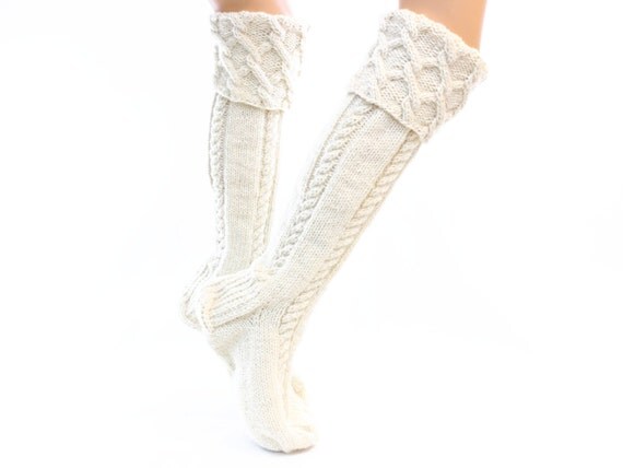 Handmade knitted white wool boot socks. White long Scotch