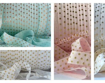 Polka Dot Elastic, Fold Over Elastic, Gold Polka Dots, White FOE, Cream Elastic, Wholesale Craft Supplies, Headband Elastic, 5/8" Elastic