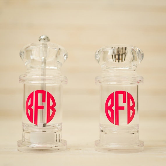 Monogrammed salt and pepper shakers. Personalized acrylic
