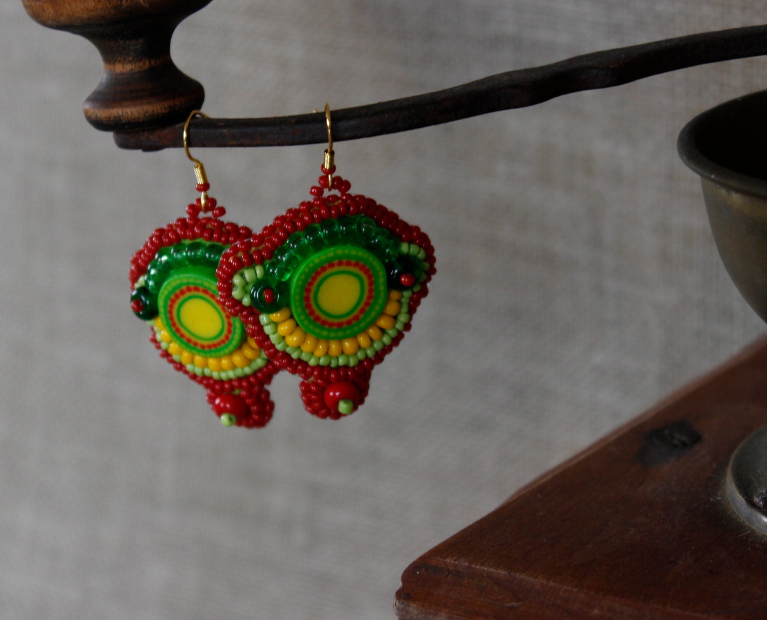 Red Green Earrings Bead Embroidered Glass Bead Embroidery
