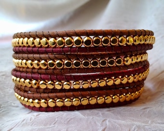 Leather Wrap Bracelet - Gold Plated Beads! Gypsy Wrap Bracelet, Boho Wrap Bracelet