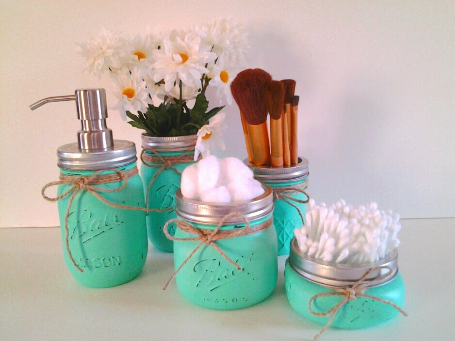 Mason jar bathroom vanity set hand painted by BeYouAtHome on Etsy