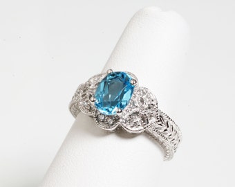 Blue Topaz Diamond & Sapphire Ring in 14K White Gold