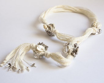 Comete-Valentines-Y-necklace in White cotton, resin items, shell, glass, metals, silver, steel, silk