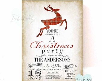 Holiday Party Invitation - Reindeer Invitation - Christmas Party - Beige Brown Gray Red Plaid Reindeer - Printable No.546XMAS