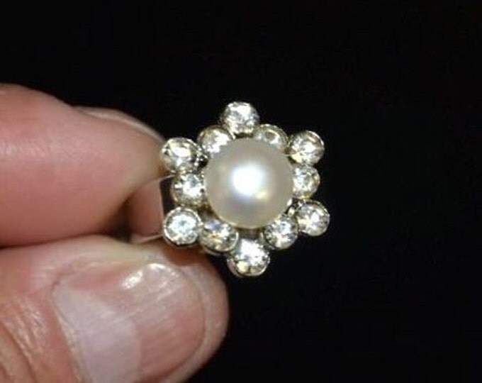 Storewide 25% Off SALE Vintage Genuine White Akoya Pearl & Swarovski Crystal Adjustable Designer Ring Set In Gold Tone Band Featuring Beauti