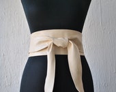 Cream soft Leather Obi Belt tulip tie. Nude leather obi belts. Belt from genuine Italian leather.