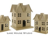 SALE Three Nesting Smooth Paper Mâché Houses of Different Sizes, Nesting Set of Paper Mache Houses for Votive Candles, Christmas VIllage SALE Three Nesting Smooth Paper Mâché Houses of Different Sizes, Nesting Set of Paper Mache Houses for Votive Candles, Christmas VIllage