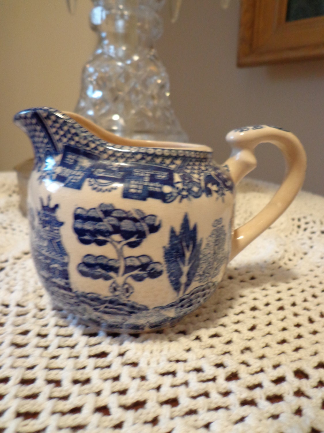 Antique Blue Willow Creamer Made in Japan Kissing Birds
