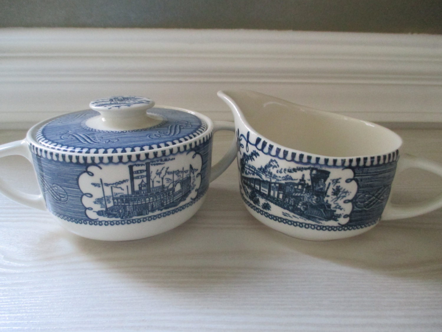 Currier & Ives “Blue” Sugar Bowl and Creamer Haute Juice