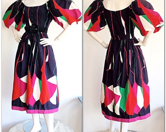 Vintage Victor Costa Neiman Marcus Puff Sleeve Dress / Avant Garde Boho Abstract Op-Art Dress / 1990s Salsa Bombshell Dress Sex and the City