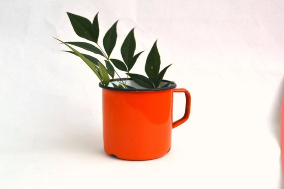 Vintage Orange Enamel Tin Mug, Camping, Enamelware