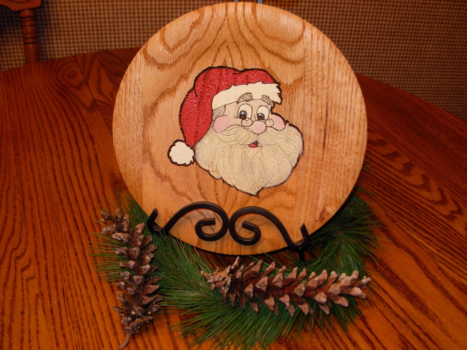 Hand Turned, Hand Carved Santa Plate- 10" Diameter