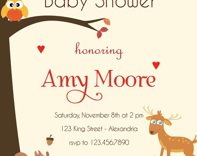 Woodland Babyshower Invitation. Babyshower invite with forest animals. Woodland fairy printable invitation with owl, fox, deer and squirrel.