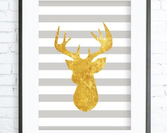 Gold Deer Head, Gold Deer Wall Decor, Deer Art Print, Deer Antler Print, Deer Antlers Wall Art, Instant Download