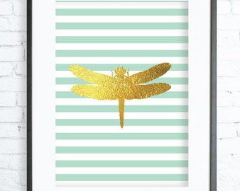 Mint Dragonfly, Mint Dragonfly Print,Gold and Mint Dragonfly Art Print , digital art, Mint Dragonfly Wall Art