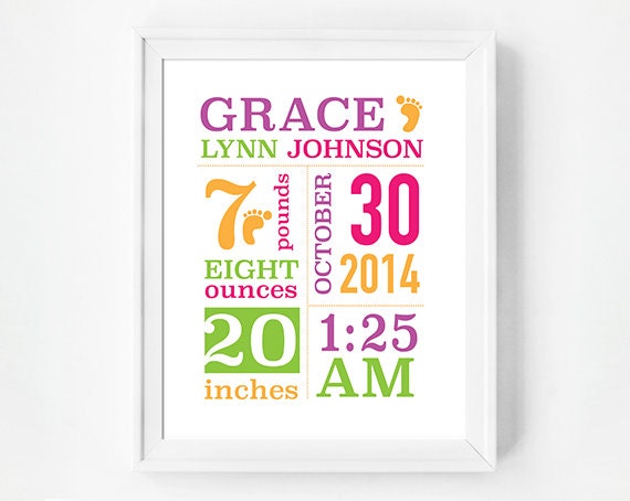 8x10 Personalized Baby Print, Baby Girl Nursery Wall Art, Baby Announcement, Birth Plate, Birth Sign