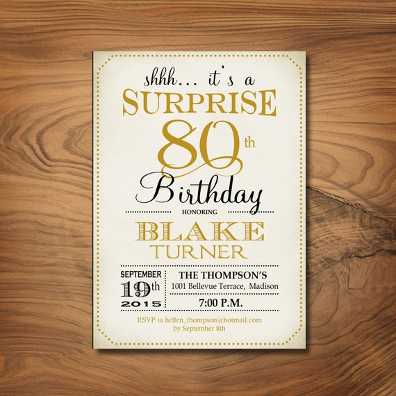 Surprise 80th Birthday Invitation / Any Age / Gold / Retro